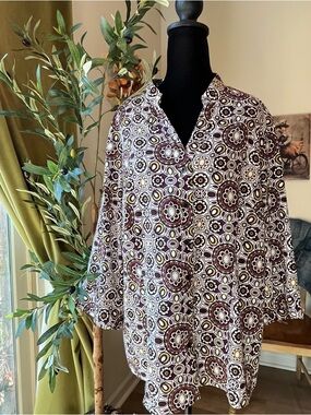 Fred David Woman Boho Geometric Medallion Blouse-Purple, Brown & Ivory Tunic 1X